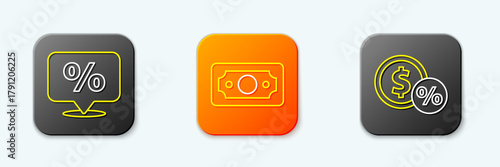 Set line Discount percent tag, Stacks paper money cash and Money coin with icon. Vector