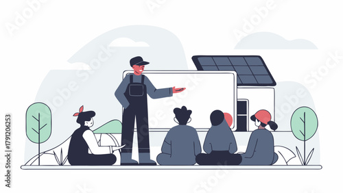 An expert instructor giving a presentation on sustainable solar panel technology to a diverse group of people in an outdoor classroom