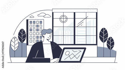 Minimalist vector illustration of a man at his desk using a computer to review data analytics and investment performance in a corporate setting