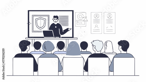 A group of professionals attending a business presentation on cybersecurity, learning about online safety from a speaker at a corporate training event