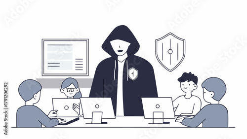 Business concept of a dedicated cybersecurity team with a hacker-like leader working together in an office to ensure network protection and data safety
