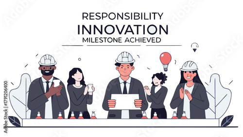 A diverse team of professional engineers and colleagues in hard hats celebrating a successful project and innovative business milestone with applause