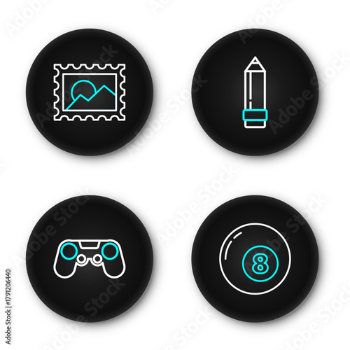 Set line Billiard pool snooker ball, Gamepad, Pencil with eraser and Postal stamp icon. Vector