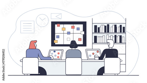 A group of colleagues working together on a new business strategy, conceptualizing a project plan in a collaborative workspace meeting
