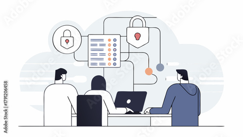 Vector illustration of a dedicated IT security team collaborating on a data protection strategy with a flowchart and network diagram