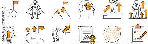 Business development, doodle symbol set for challenges.  Drawing a business opportunity, career advancement, and professional objective by hand  adorable, current doodle icon.  Leadership concept.