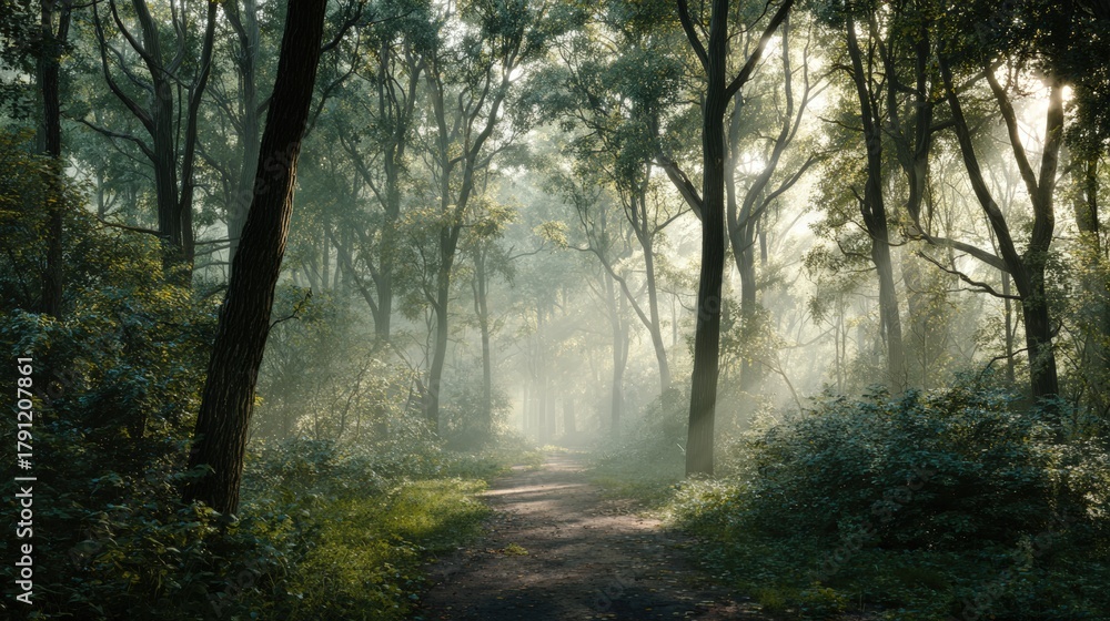 Obraz premium Tranquil Forest Path with Dappled Sunlight and Mist Through Quiet Morning Trees