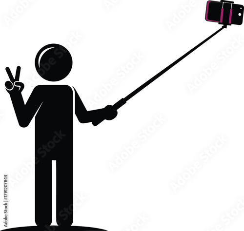 Stick figure taking a selfie with a selfie stick and making a peace sign pose vector illustration