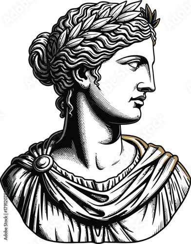 Ancient greek bust drawing vector illustration of goddess sculpture with laurel wreath design art
