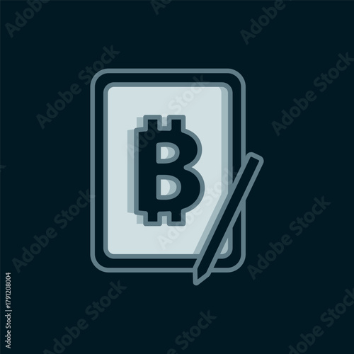 Line Mining bitcoin from graphic tablet icon isolated on black background. Cryptocurrency mining, blockchain technology service. Flat filled outline style with shadow. Vector