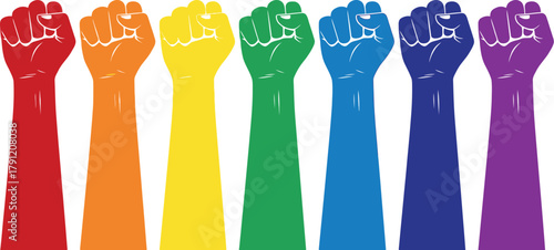 Rainbow fists raised in solidarity for lgbtq rights and equality in a colorful illustration
