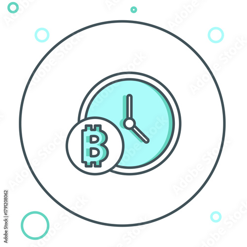 Line Cryptocurrency coin Bitcoin with clock icon isolated on white background. Physical bit coin. Blockchain based secure crypto currency. Colorful outline concept. Vector