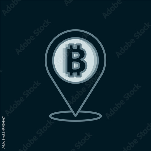 Line Location bitcoin icon isolated on black background. Physical bit coin. Blockchain based secure crypto currency. Flat filled outline style with shadow. Vector