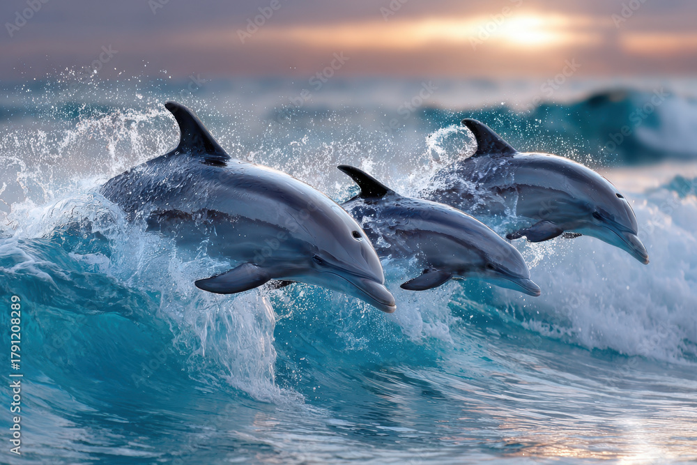 Fototapeta premium Three Dolphins Jumping Ocean Waves at Sunset