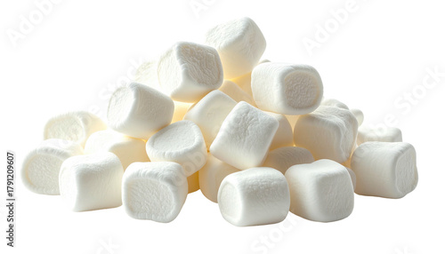 A pile of white, fluffy square marshmallows, irregularly stacked, against a dark background