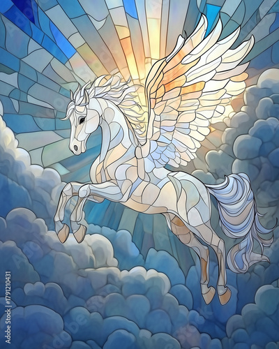 Winged white unicorn flying through clouds in stained glass style  
