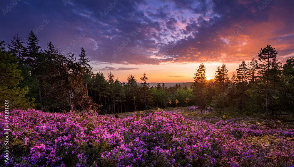 Naklejka premium Vibrant Purple Flowers Bloom Against A Dramatic Sunset Sky In A Serene Forest Setting During Twilight