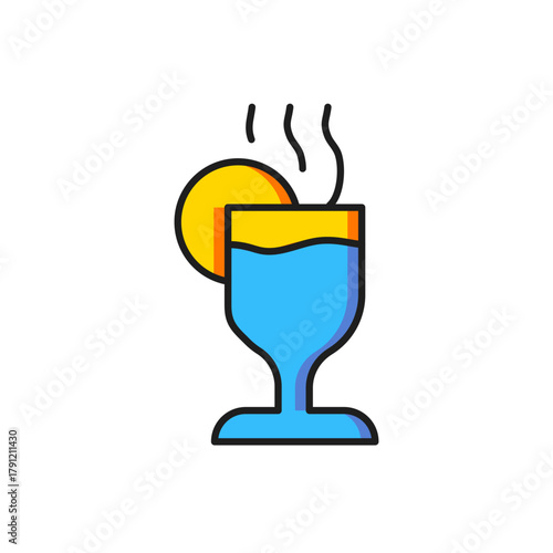 Color Mulled wine with glass of drink and ingredients icon isolated on white background. Cinnamon stick, clove, lemon slice. Flat filled outline style with shadow. Vector