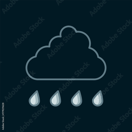 Line Cloud with rain icon isolated on black background. Rain cloud precipitation with rain drops. Flat filled outline style with shadow. Vector