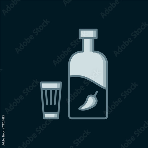 Line Vodka with pepper and glass icon isolated on black background. Ukrainian national alcohol. Flat filled outline style with shadow. Vector