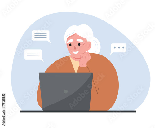 An elderly woman sits at a laptop. The old woman studies and communicates online. Vector flat graphics.