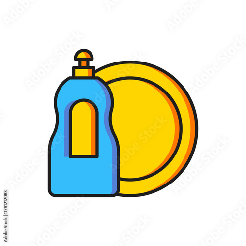 Color Dishwashing liquid bottle and plate icon isolated on white background. Liquid detergent for washing dishes. Flat filled outline style with shadow. Vector