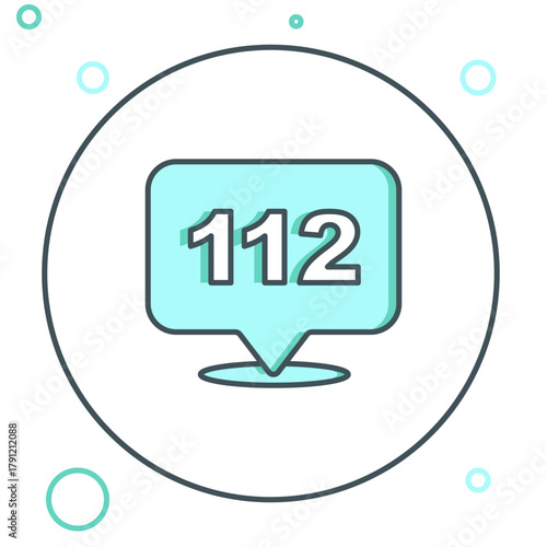 Line Telephone with emergency call 112 icon isolated on white background. Police, ambulance, fire department, call, phone. Colorful outline concept. Vector