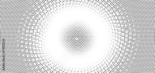 Abstract black halftone circular pattern background, optical illusion dotted radial texture, digital geometric wave design, modern minimal vector concept for futuristic background