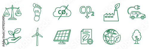 A minimalist outline line art icon set for carbon offset programs, representing sustainability themes like renewable energy, net zero, and ecology.