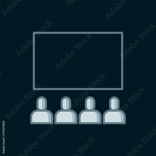 Line Cinema auditorium with screen icon isolated on black background. Flat filled outline style with shadow. Vector