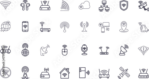 Wireless Technology and Networking Vector Icons. Set of 32 line art symbols for Wi-Fi, signal, and connected devices. Includes router, smartphone, satellite, and 5G