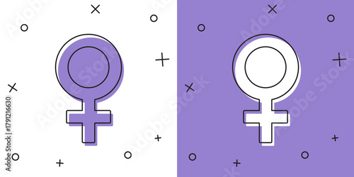Set Female gender symbol icon isolated on white and purple background. Venus symbol. The symbol for a female organism or woman. Vector