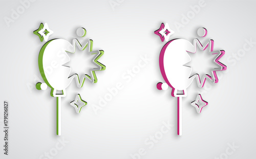Paper cut Balloons with ribbon icon isolated on grey background. Paper art style. Vector