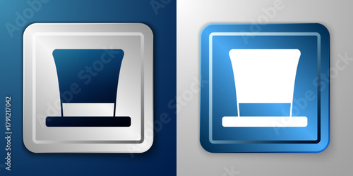 White Cylinder hat icon isolated on blue and grey background. Silver and blue square button. Vector