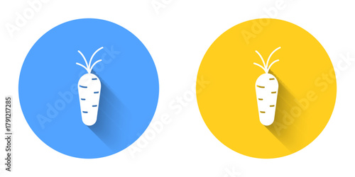 White Carrot icon isolated with long shadow background. Circle button. Vector