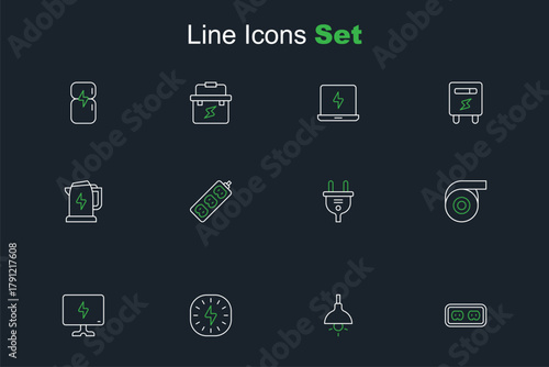 Set line Electrical outlet, Lamp hanging, Lightning bolt, Smart Tv, Roll adhesive tape, plug, extension and kettle icon. Vector