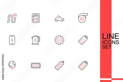 Set line Battery charge, Electric extension, Electrical outlet, Global planet with thunderbolt, kettle and Mobile phone icon. Vector