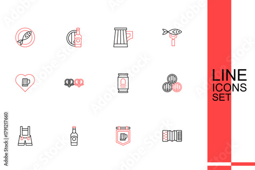 Set line Accordion, Street signboard with beer, Beer bottle, Lederhosen, Wooden barrel, can, Pretzel and Heart glass of icon. Vector