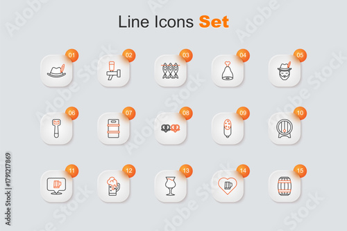 Set line Wooden barrel, Heart with glass of beer, Glass, mug, on rack, Salami sausage and Pretzel icon. Vector