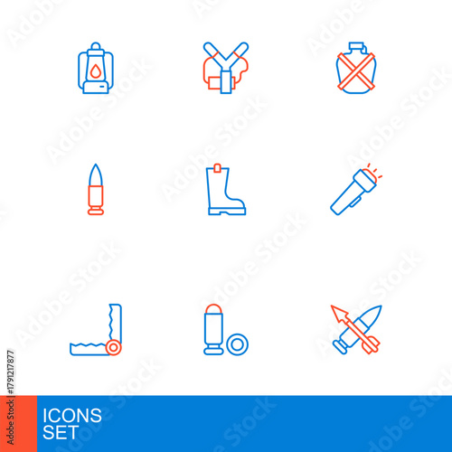 Set line Crossed bullet with arrow, Bullet, Trap hunting, Flashlight, Waterproof rubber boot, Canteen water bottle and Slingshot icon. Vector