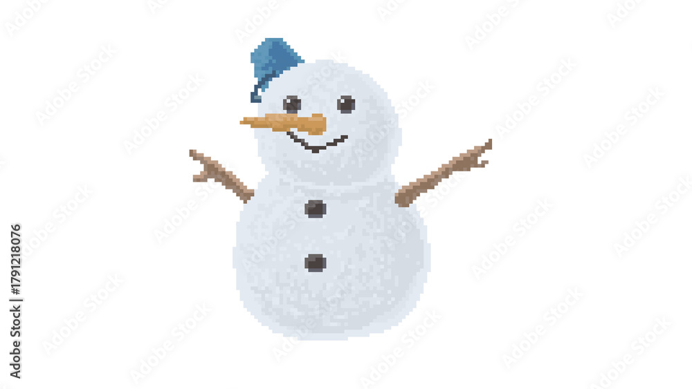 Obraz premium Pixel Art Snowman with Blue Bucket Hat - Happy 8-Bit Winter Snowman Icon Wearing a Blue Bucket - Retro Game Character with Smile and Blue Headwear