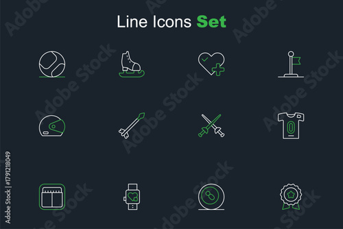 Set line Medal with star, Billiard pool snooker ball, Smart watch heart, Sport mechanical scoreboard, Football jersey and t-shirt, Fencing, Medieval arrows and Racing helmet icon. Vector