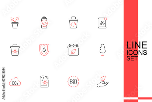 Set line Leaf in hand, Banner for bio, Radioactive waste barrel, CO2 emissions cloud, Tree, Calendar with autumn leaves, Shield leaf and Infectious icon. Vector