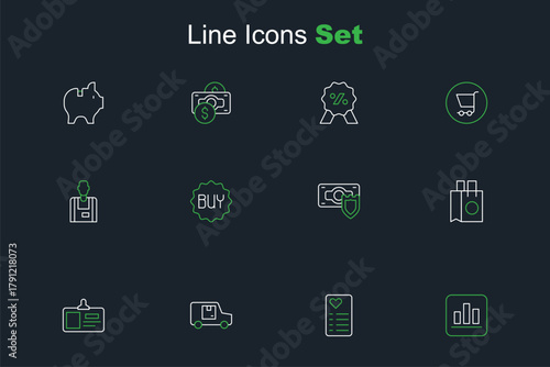 Set line Pie chart infographic, Shopping list, Delivery cargo truck, Identification badge, Paper shopping bag, Money with shield, Buy button and Seller icon. Vector