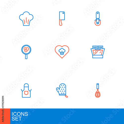 Set line Kitchen whisk, Oven glove, apron, Fried eggs frying pan, Chef hat, Pizza knife and Meat chopper icon. Vector