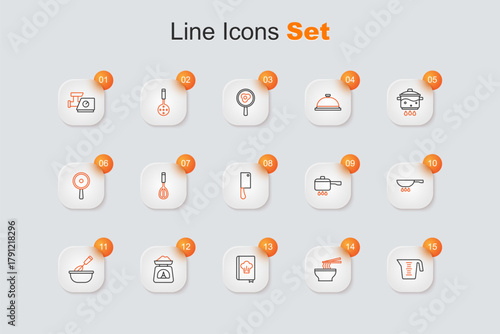 Set line Measuring cup, Asian noodles bowl, Cookbook, Scales, Cooking whisk with, Frying pan on fire, pot and Meat chopper icon. Vector