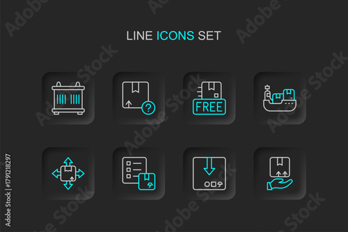 Set line Delivery hand with box, Carton cardboard, Verification of delivery list, Cargo ship boxes, Cardboard free symbol, and Container icon. Vector
