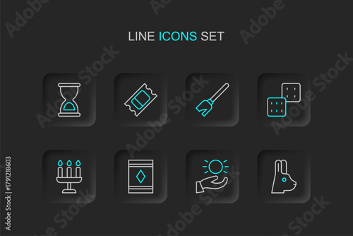 Set line Rabbit with ears, Ball levitating above hand, Magic carpet, Candlestick, Game dice, Witches broom, Circus ticket and Old hourglass icon. Vector