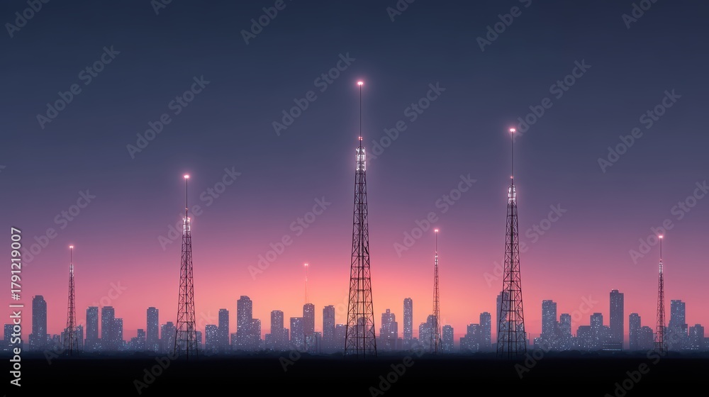 Fototapeta premium City Skyline Antennas Sunset - Urban Telecommunications Network