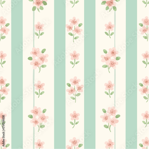 shabby chic stripe bouquet: vertical cream and sage bands, clustered pink florals, vintage wallpaper romance